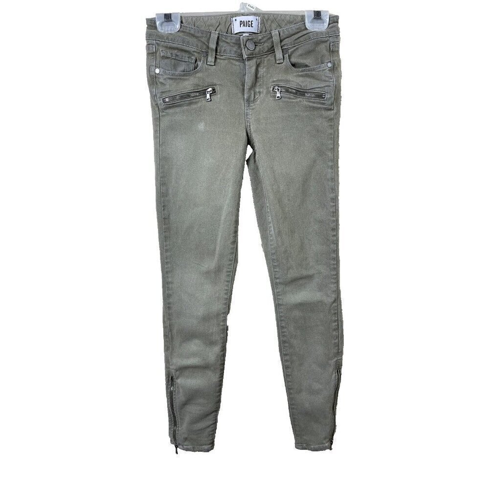 Paige Women’s 26 Jane Zip Skinny Jeans Lovelight No Whiskers Wash Zippers Olive
